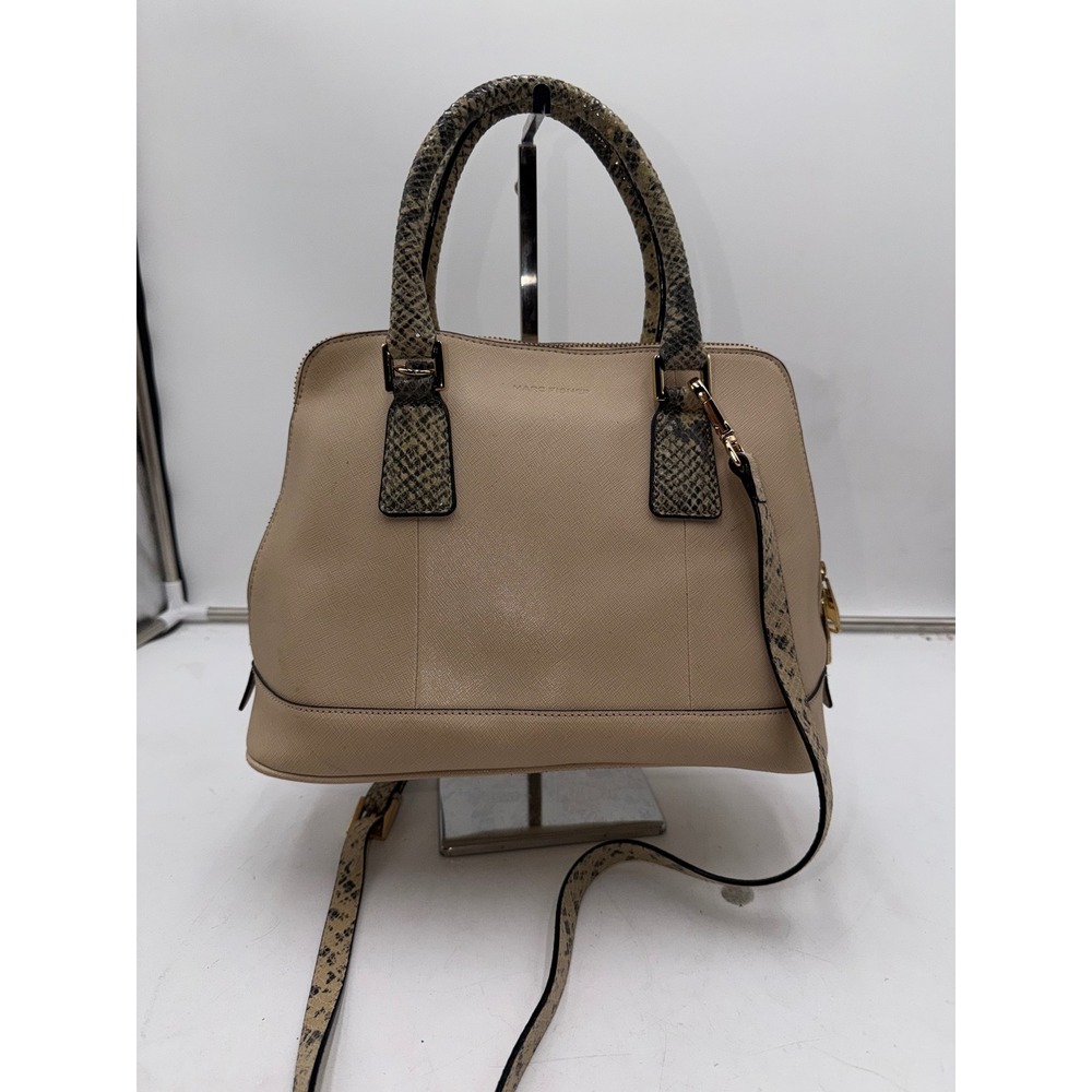 Marc Fisher Beige Faux Saffiano Satchel Handbag Snakeskin Print Trim Crossbody